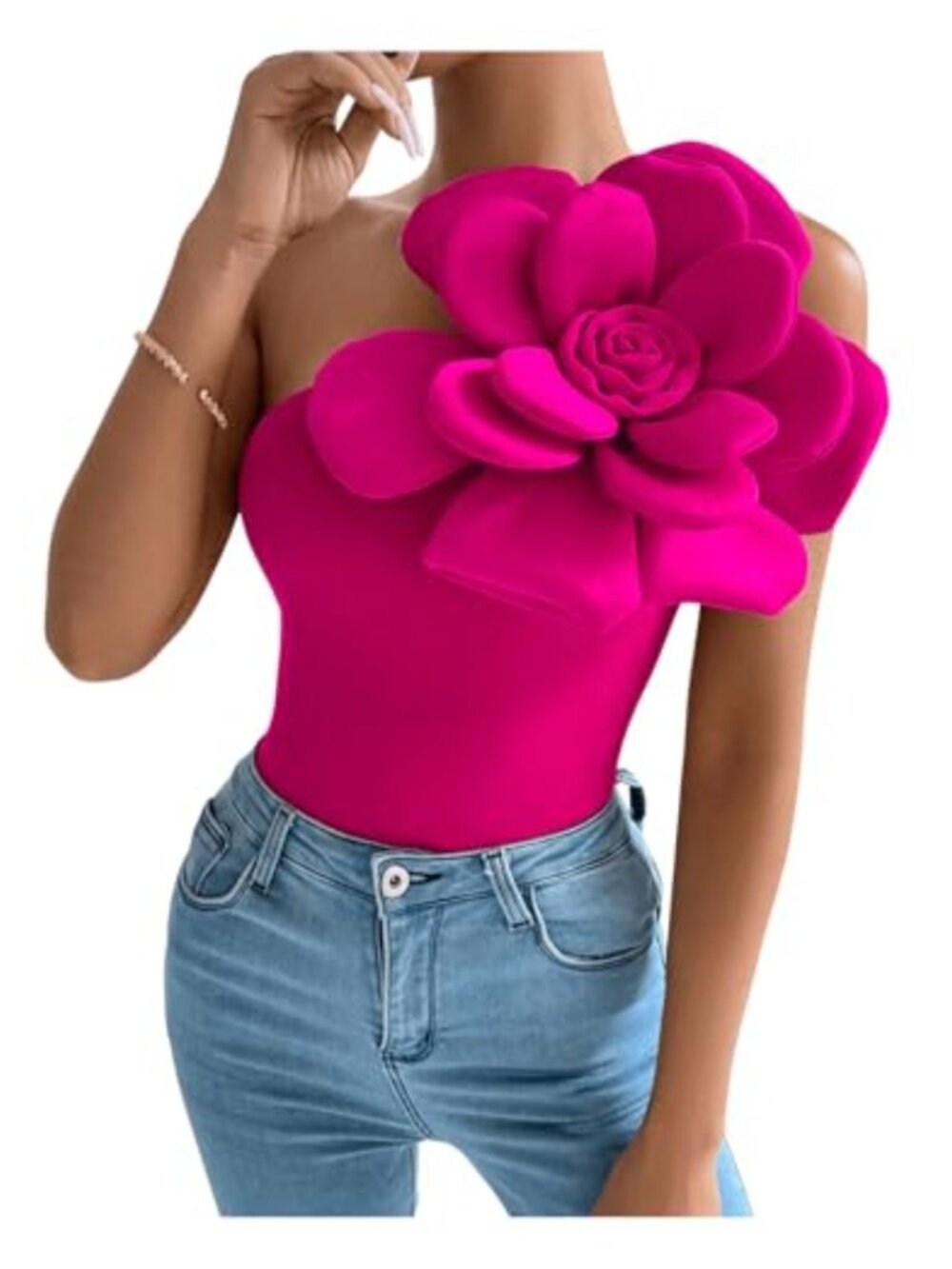 Women's 3D Flower One Shoulder Sleeveless Slim Fit Rosette Top Blouse
